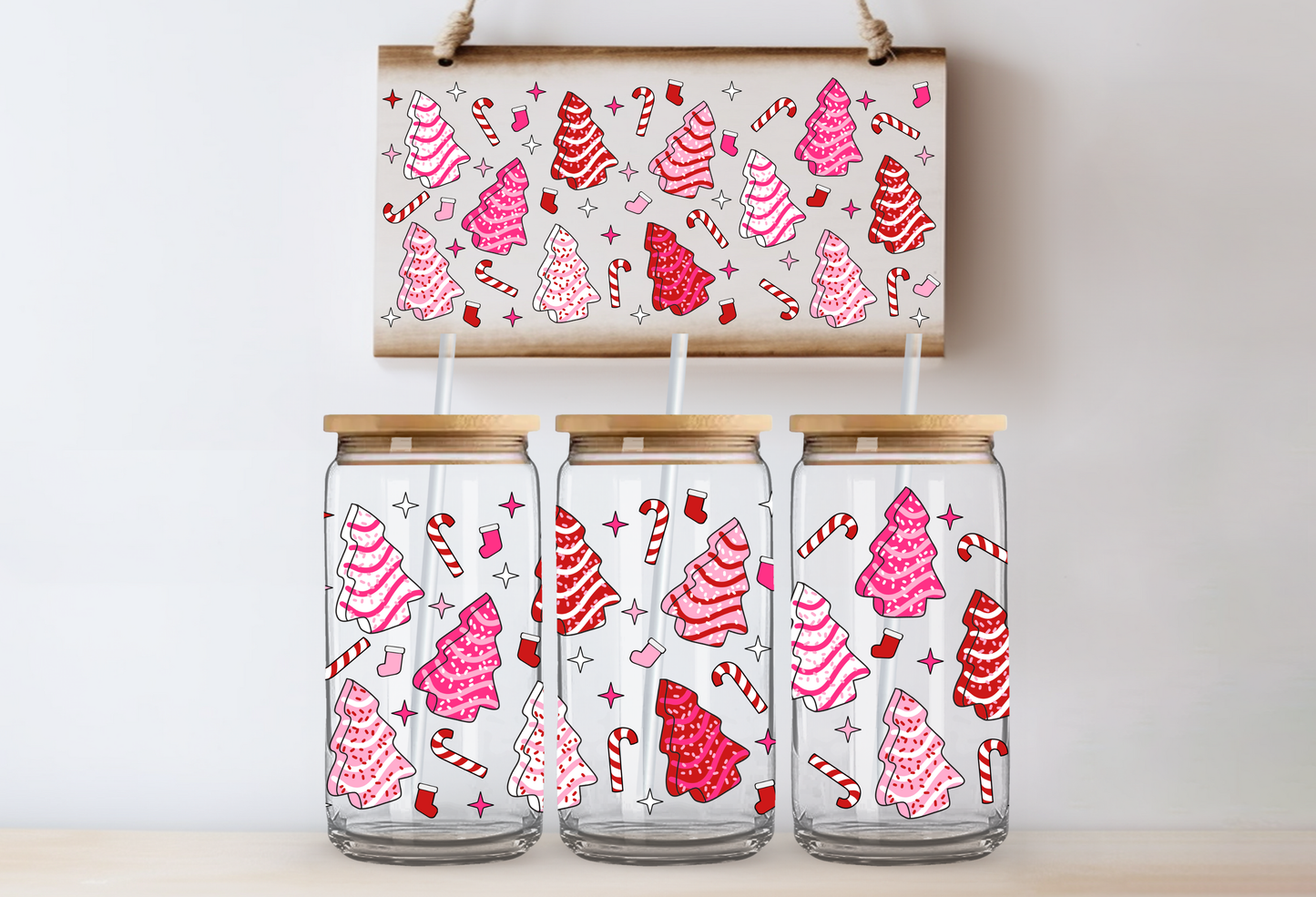 Pink Xmas trees UV DTF